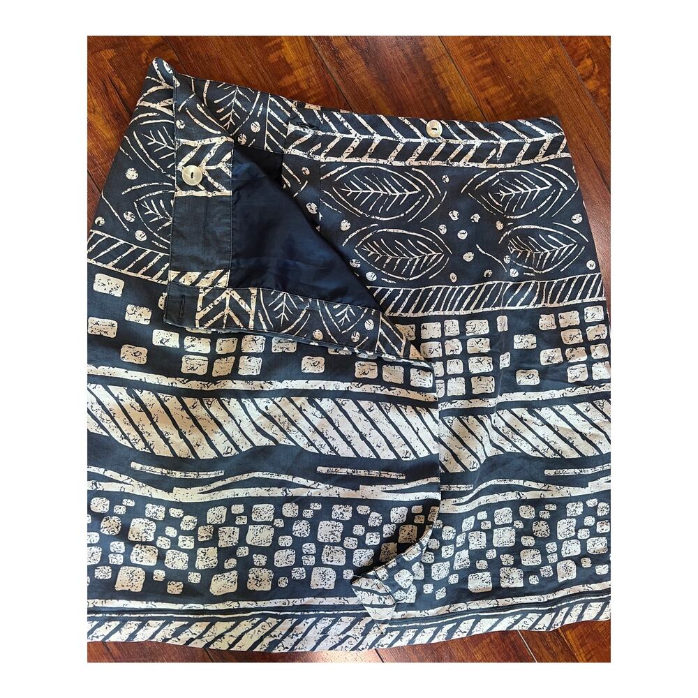 Clio Silk Mini Skirt Women 10 Blue White Abstract Print Lined Button Detail
